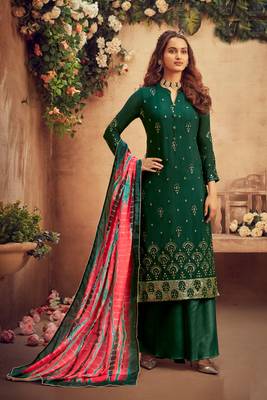 Green zari embroidery and dimoand chinon straight palazzo - full stitched 1