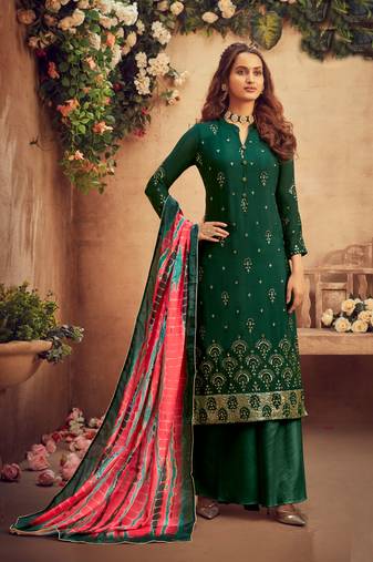 Green zari embroidery and dimoand chinon straight palazzo - full stitched