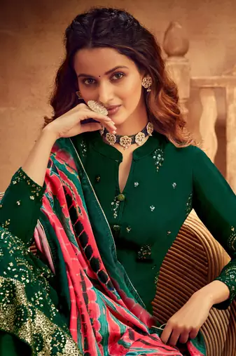 Green zari embroidery and dimoand chinon straight palazzo - full stitched
