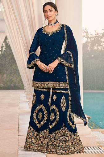 Blue zari embroidery and dimoand georgette straight palazzo- full stitched