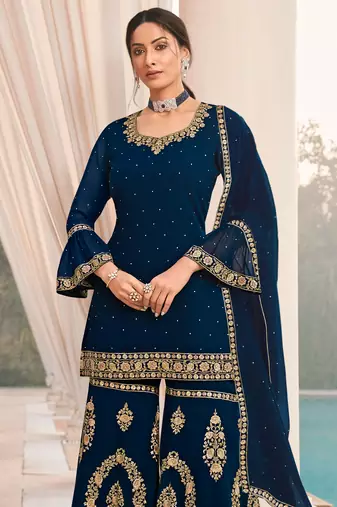 Blue zari embroidery and dimoand georgette straight palazzo- full stitched
