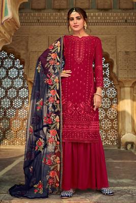 Maroon zari embroidery and dimoand georgette straight palazzo- full stitched 1
