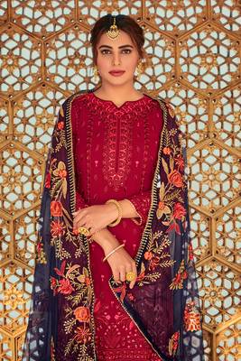 Maroon zari embroidery and dimoand georgette straight palazzo- full stitched 2