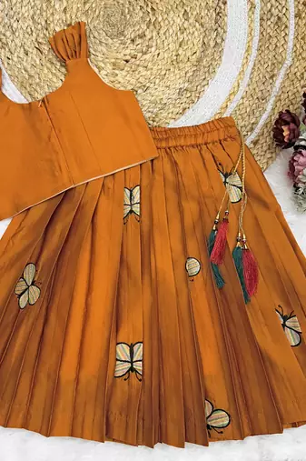 Kids Embroidery South Indian Traditional Pattu Pavadai Silk Blend Readymade Lehenga Choli Dress For Girls
