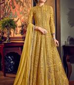 Mustard zari embroidery and dimoand net anarkali churidar- full stitched