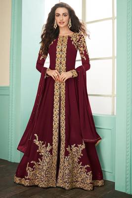 Wine zari embroidery and dimoand georgette anarkali pant- full stitched 1