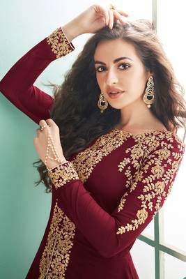 Wine zari embroidery and dimoand georgette anarkali pant- full stitched 2
