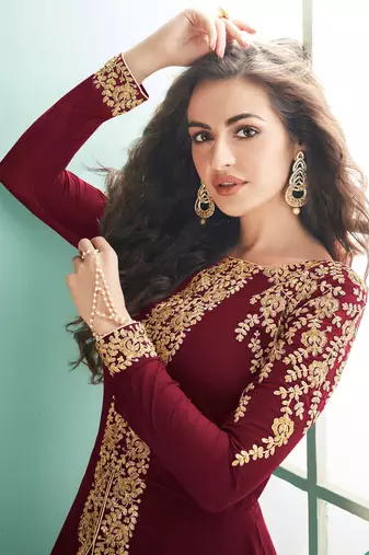 Wine zari embroidery and dimoand georgette anarkali pant- full stitched