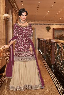 Maroon zari embroidery and dimoand net straight sharara- full stitched 1