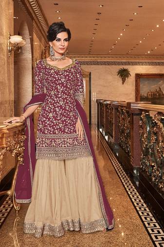 Maroon zari embroidery and dimoand net straight sharara- full stitched