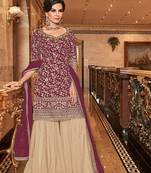 Maroon zari embroidery and dimoand net straight sharara- full stitched