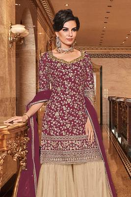 Maroon zari embroidery and dimoand net straight sharara- full stitched 2