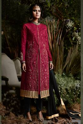 Maroon zari embroidery and dimoand georgette straight pant- full stitched 1