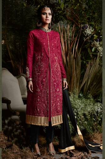 Maroon zari embroidery and dimoand georgette straight pant- full stitched