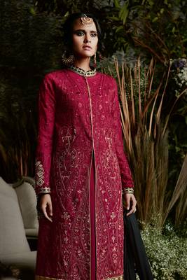 Maroon zari embroidery and dimoand georgette straight pant- full stitched 2