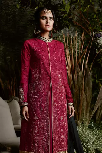 Maroon zari embroidery and dimoand georgette straight pant- full stitched