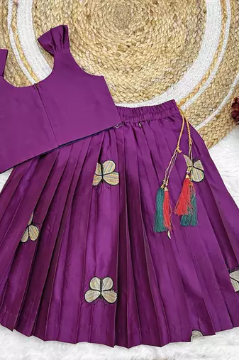 Kids Embroidery South Indian Traditional Pattu Pavadai Silk Blend Readymade Lehenga Choli Dress For Girls