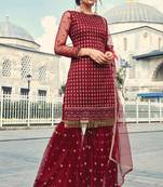 Maroon zari embroidery and dimoand net straight sharara- full stitched