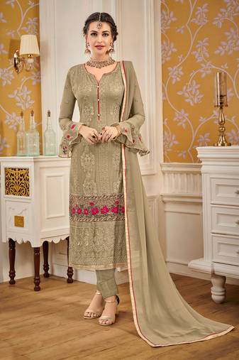 Light olive green zari embroidery and dimoand georgette straight pant- full stitched