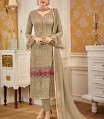 Light olive green zari embroidery and dimoand georgette straight pant- full stitched