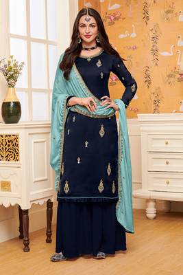 Blue zari embroidery and dimoand stain georgette straight palazzo- full stitched 1