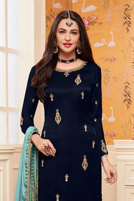 Blue zari embroidery and dimoand stain georgette straight palazzo- full stitched 2