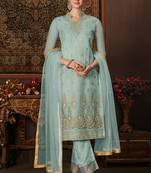 Blue zari embroidery and dimoand net straight pant- full stitched