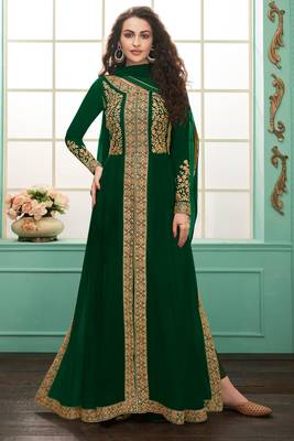 Green zari embroidery and dimoand georgette anarkali chudidar - full stitched 1