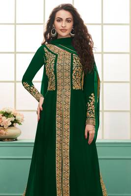 Green zari embroidery and dimoand georgette anarkali chudidar - full stitched 2