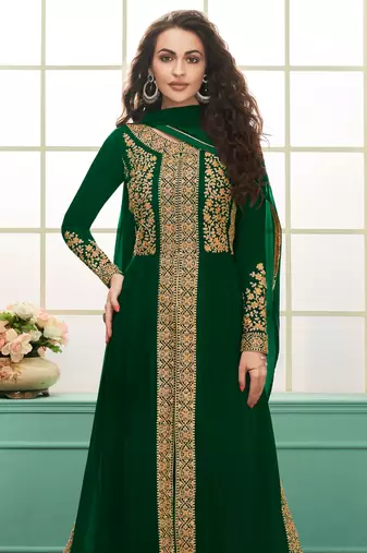 Green zari embroidery and dimoand georgette anarkali chudidar - full stitched
