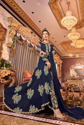 Blue zari embroidery and dimoand satin silk anarkali pant - full stitched 1