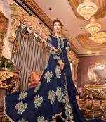 Blue zari embroidery and dimoand satin silk anarkali pant - full stitched