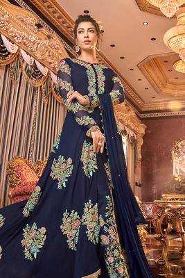Blue zari embroidery and dimoand satin silk anarkali pant - full stitched 2