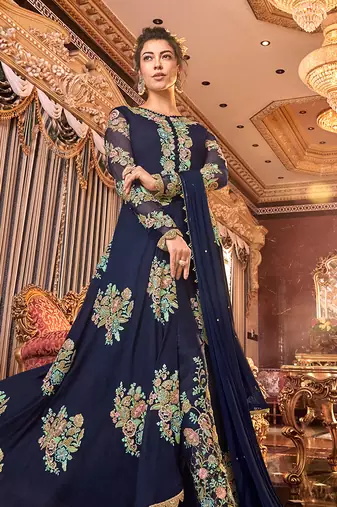 Blue zari embroidery and dimoand satin silk anarkali pant - full stitched