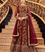 Maroon zari embroidery and dimoand net anarkali churidar - full stitched