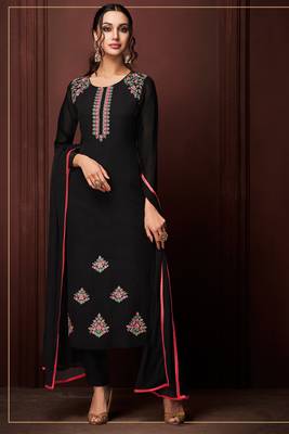 Black zari embroidery and dimoand georgette straight pant - full stitched 1