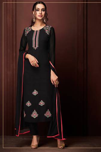 Black zari embroidery and dimoand georgette straight pant - full stitched