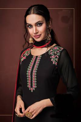 Black zari embroidery and dimoand georgette straight pant - full stitched 2