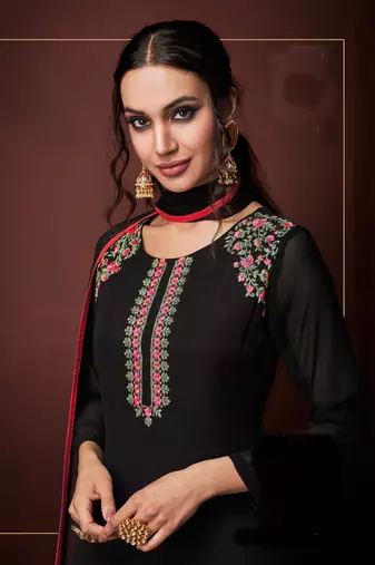 Black zari embroidery and dimoand georgette straight pant - full stitched