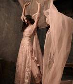 Peach zari embroidery and dimoand net anarkali pant - full stitched