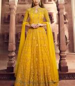 Yellow zari embroidery and dimoand net anarkali pant - full stitched