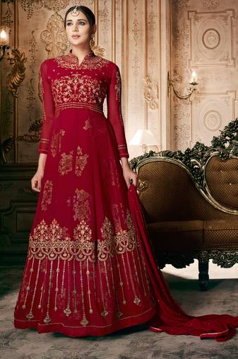 Red zari embroidery and dimoand georgette anarkali churidar - full stitched