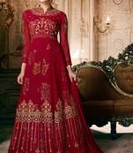 Red zari embroidery and dimoand georgette anarkali churidar - full stitched