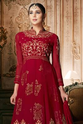 Red zari embroidery and dimoand georgette anarkali churidar - full stitched 2