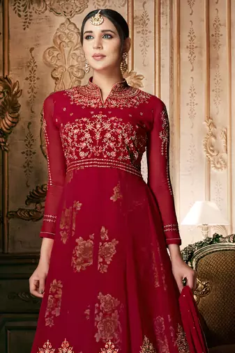 Red zari embroidery and dimoand georgette anarkali churidar - full stitched