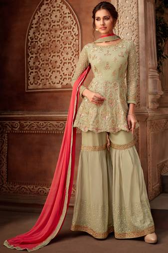 Olive green zari embroidery and dimoand georgette straight sharara - full stitched