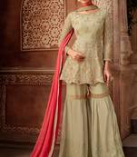 Olive green zari embroidery and dimoand georgette straight sharara - full stitched