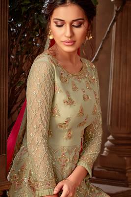 Olive green zari embroidery and dimoand georgette straight sharara - full stitched 2