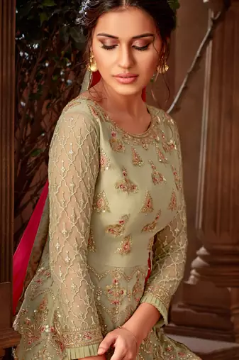 Olive green zari embroidery and dimoand georgette straight sharara - full stitched