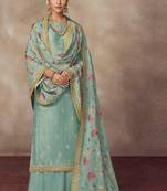 Teal blue zari embroidery and dimoand silk straight palazzo - full stitched
